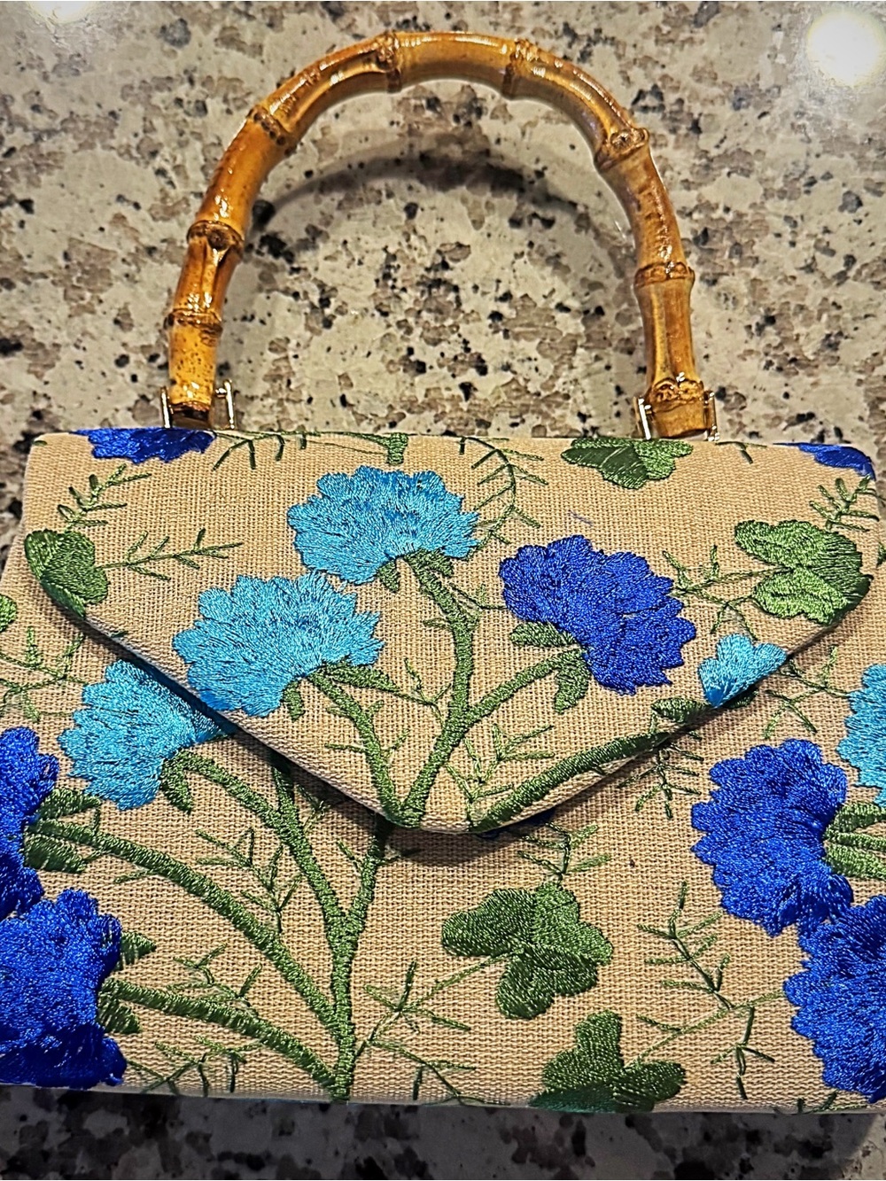 Floral Embroidered Bamboo-Handle Top-Handle Bag